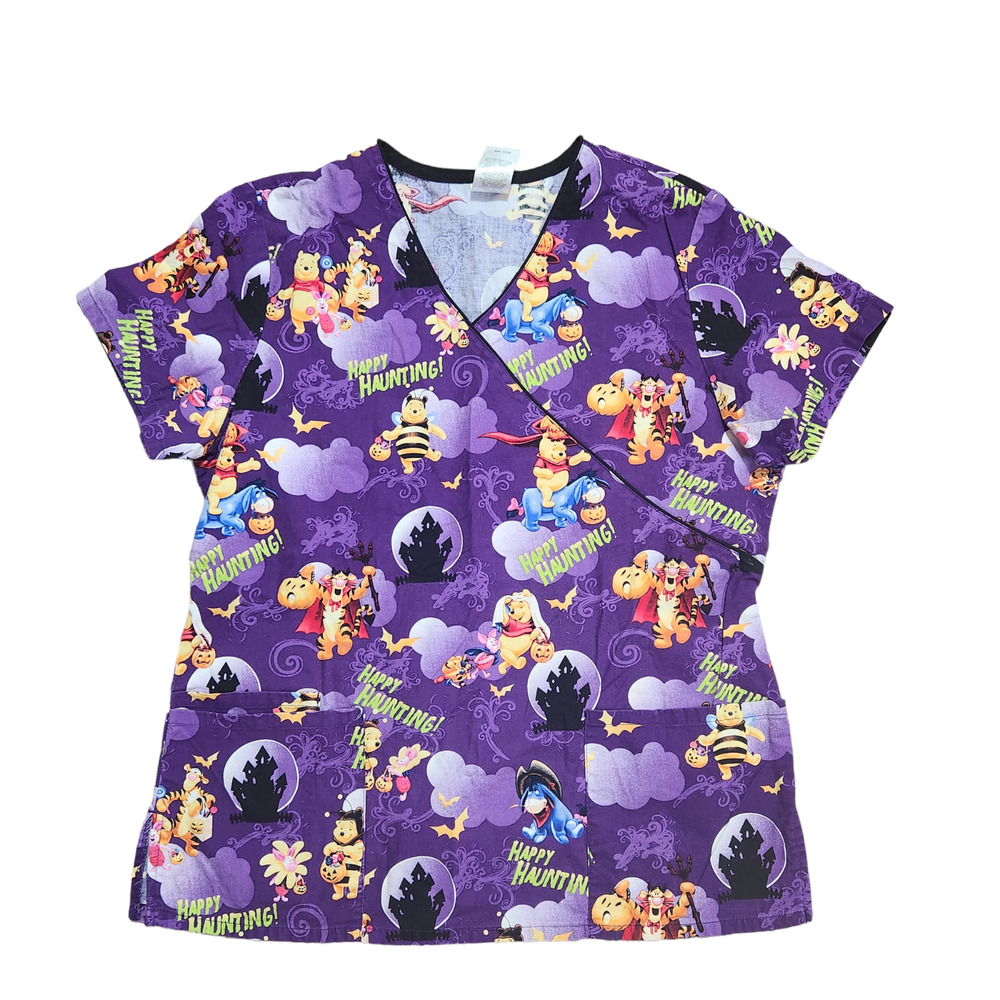 Disney Womens Scrub Top Size Medium Purple Halloween Themed Tigger Pooh Eeyeore